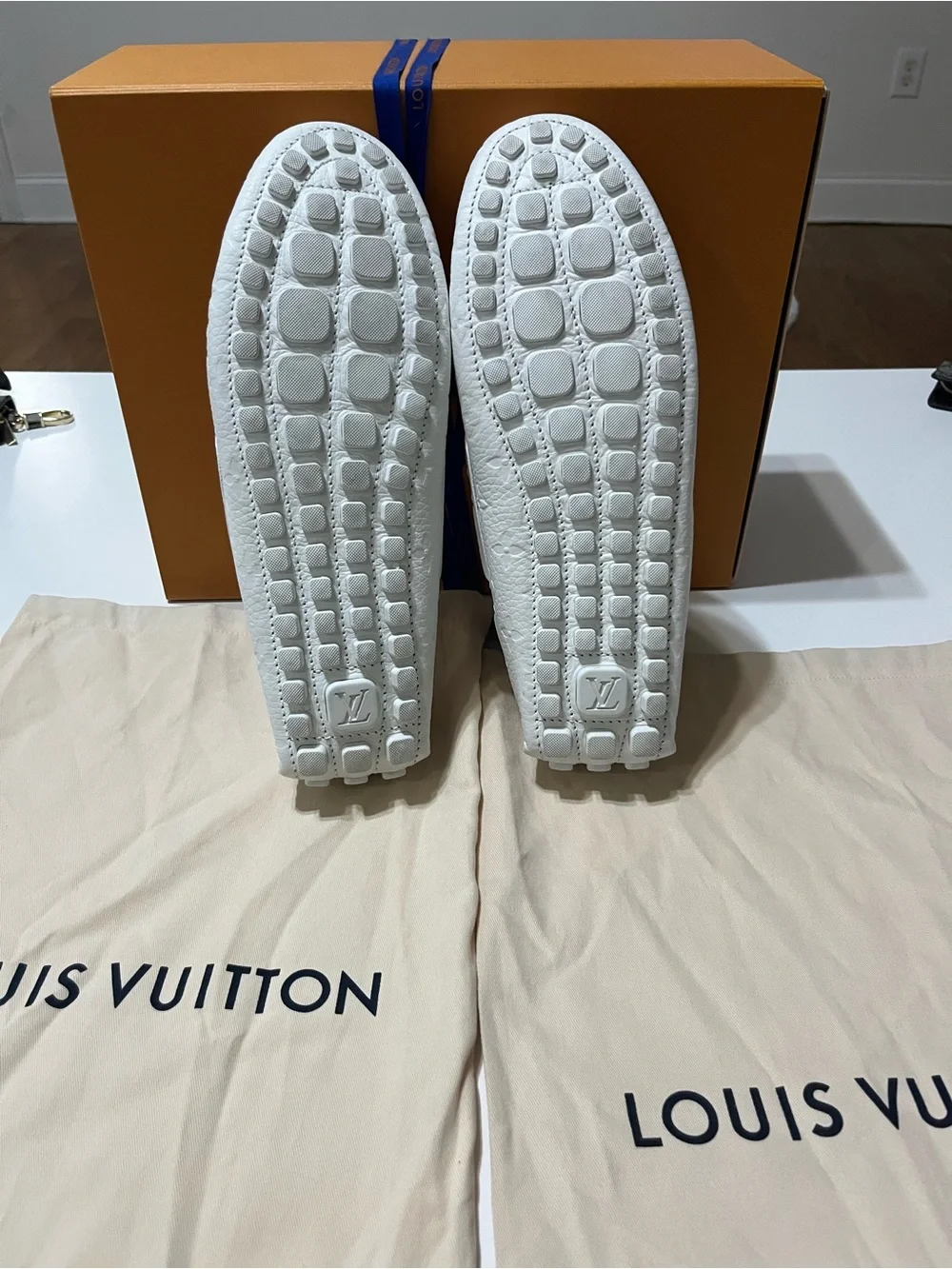 Louis Vuitton White Embossed Monogram Driving Loafers with Bow